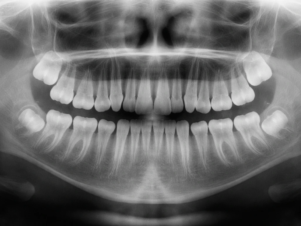 Minimal jaw view showing baby teeth alongside developing permanent first molars at about age 10.