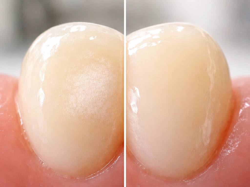 Macro split view of a tooth surface with a white spot lesion and a smoother remineralized area.