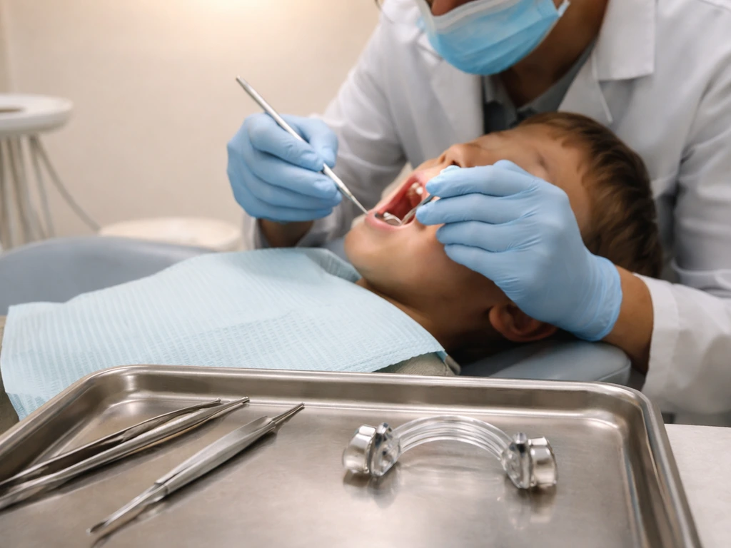 Dentist treating a child’s tooth while a space-management device sits on the tray nearby