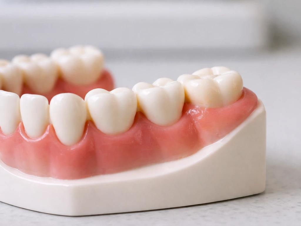 Close-up of a dental jaw model showing a partially erupted wisdom tooth with gum tissue in back molar area.