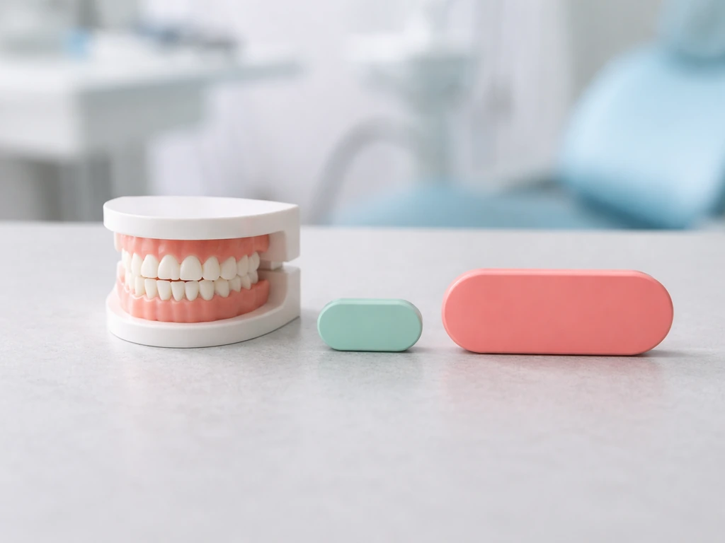 Simple dental-themed scene with a jaw model and two age-window tokens symbolizing 17–21 and 17–25