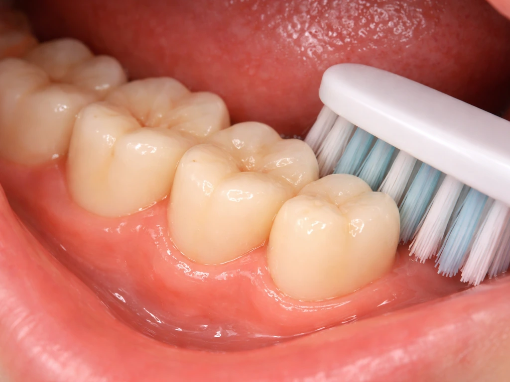 Intraoral view of a fully erupted wisdom tooth behind the second molar with healthy gums.