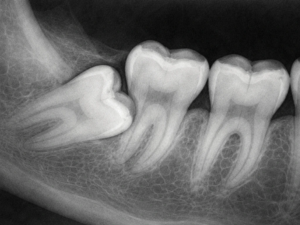 Dental X-ray showing an angled impacted wisdom tooth trapped under gum beside the second molar.