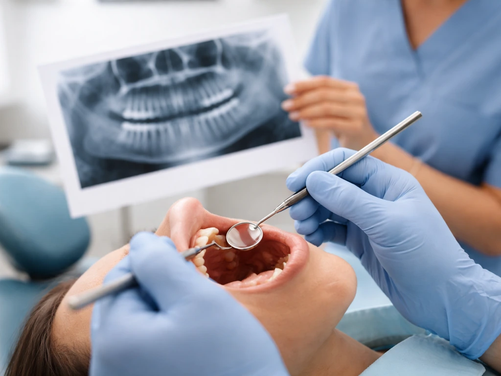 Dentist examines a patient’s back teeth with a mouth mirror and probe while holding a panoramic X-ray.
