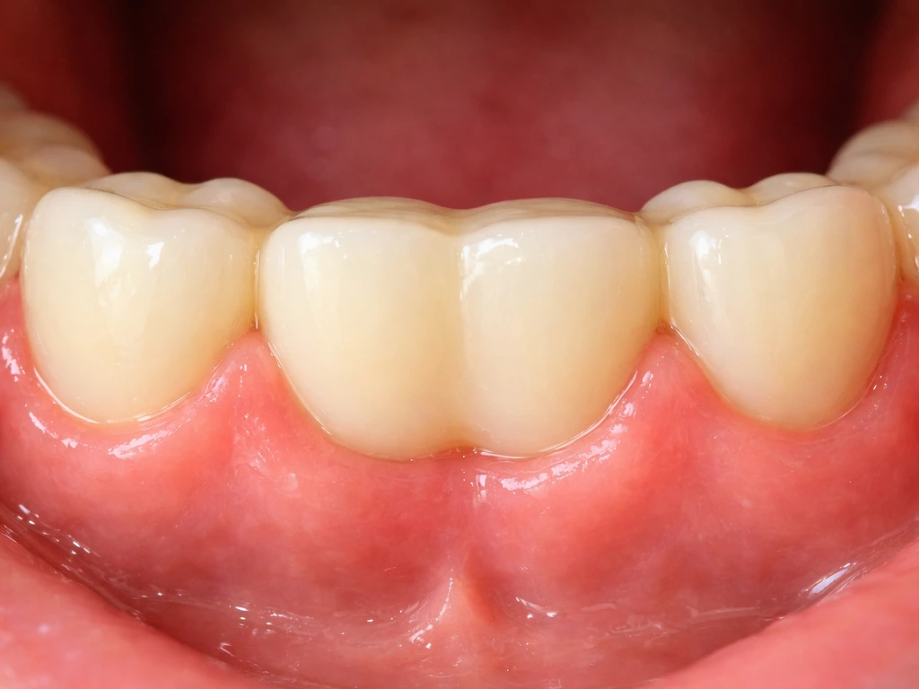 Close-up of gums and a dental bridge, showing where gums can appear around the pontic and abutment margins.