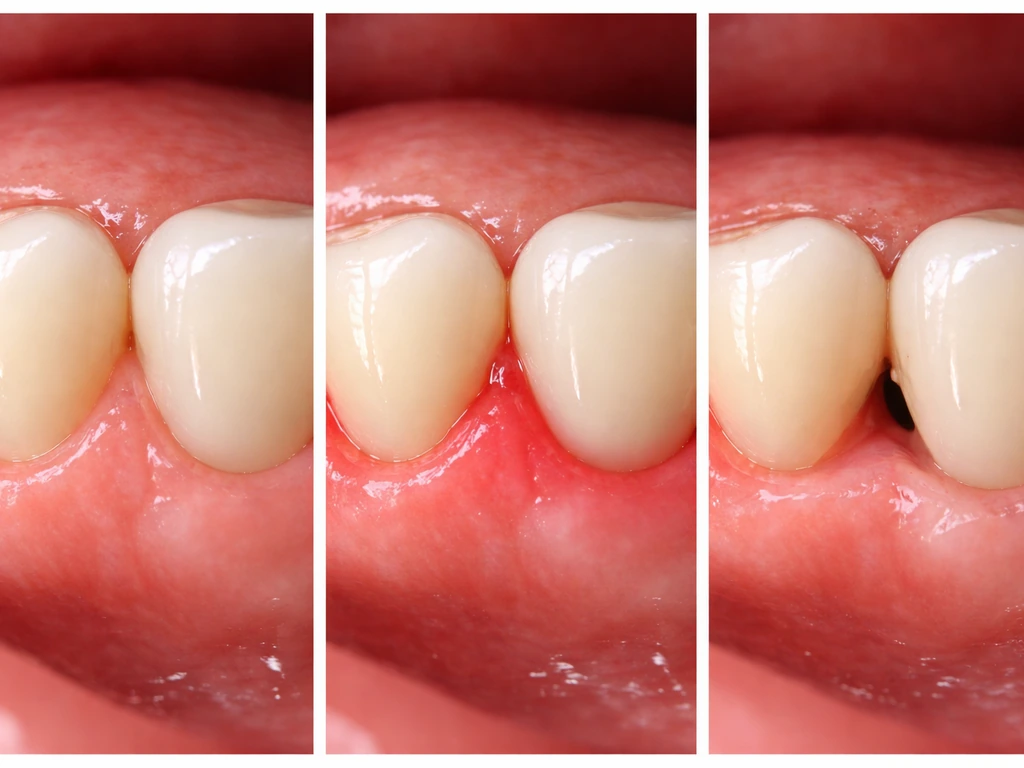 Three-panel photo showing healthy gum outline, red irritated gumline, and a gap near a bridge.