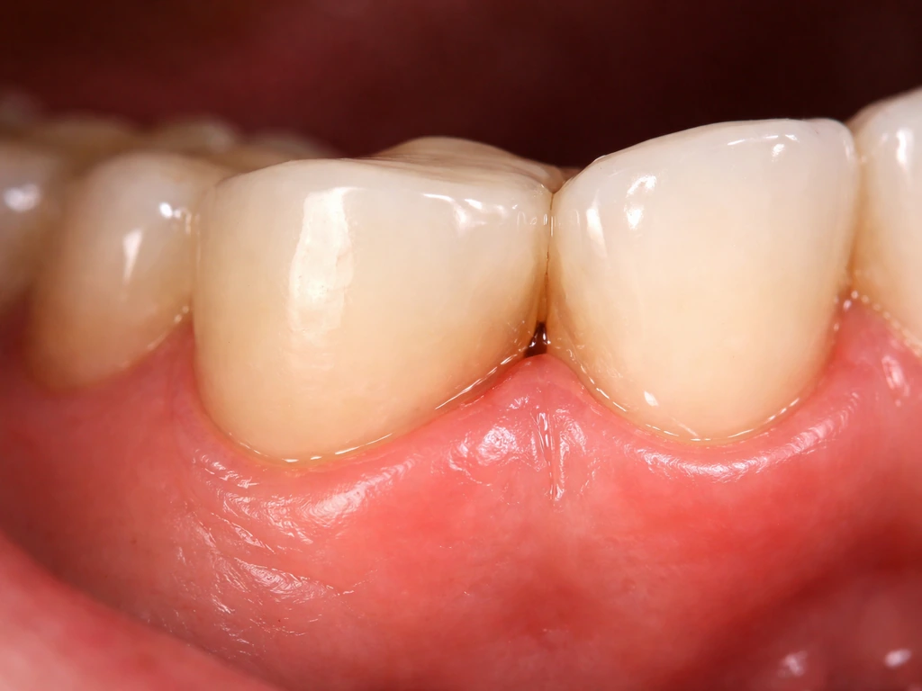 Macro view of gum tissue beside a dental bridge with a small interface gap, limited healing.
