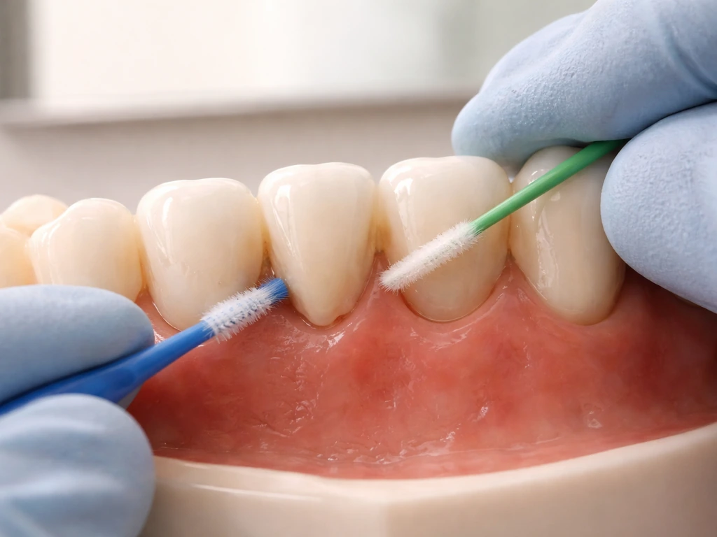 Gloved hand using an interdental brush and floss threader to clean under a dental bridge pontic.