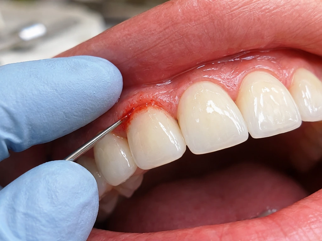 Close-up of gumline near a dental bridge with mild redness and bleeding from gentle probing.