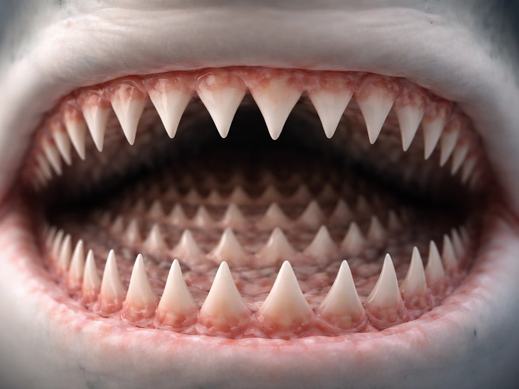 Macro view of layered shark teeth, with a sharp front row and reserve rows behind.