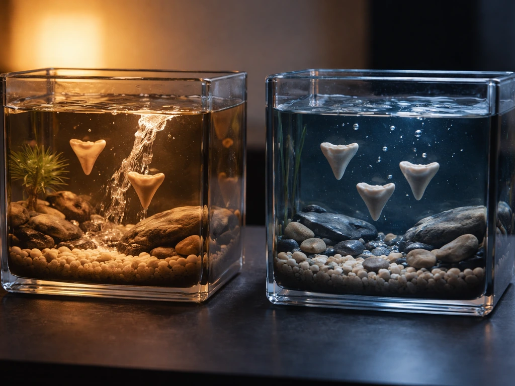 Two terrariums with cool vs warm lighting showing shark tooth replica regrowth timing differences.
