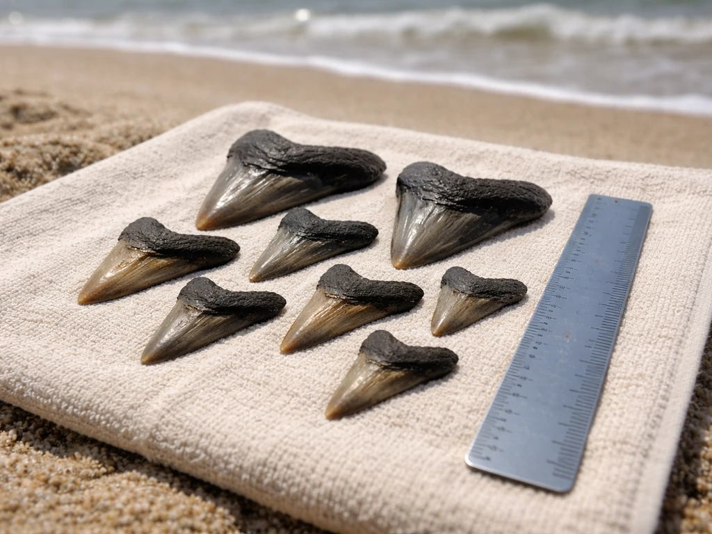 Several shark teeth laid on a beach towel beside a simple ruler, with no text or labels.