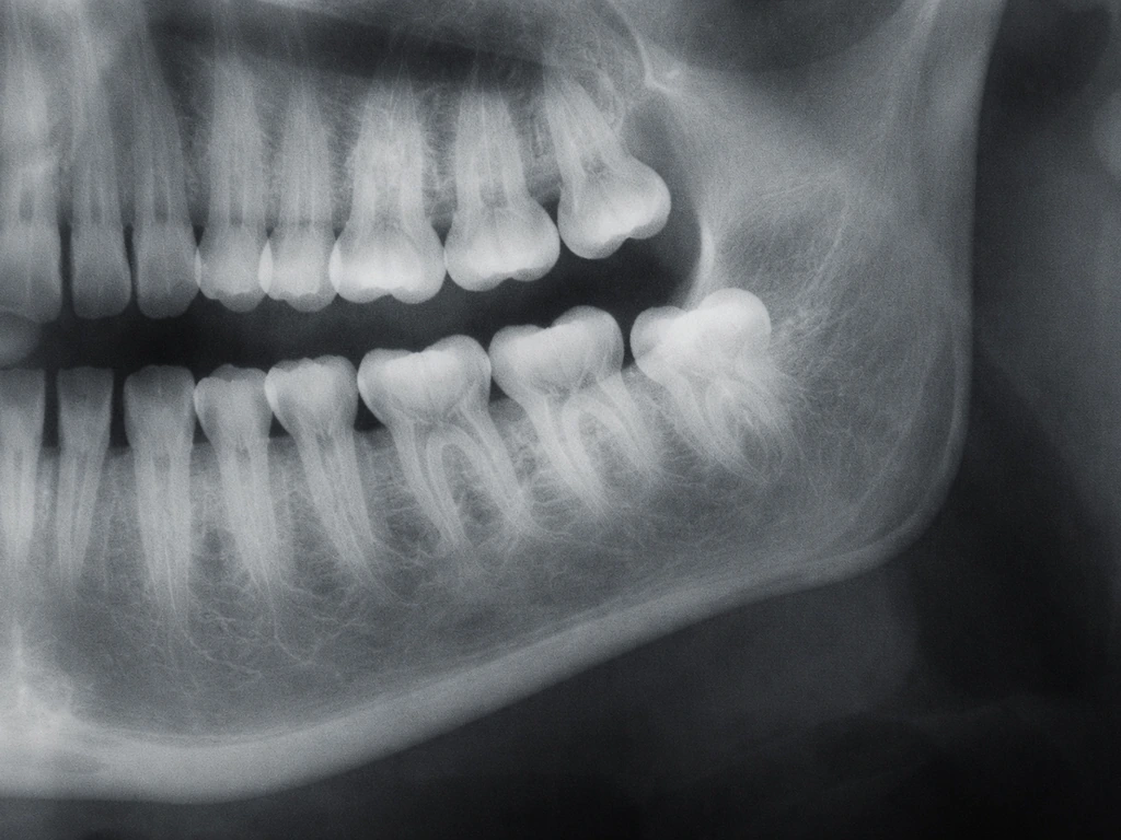Dental X-ray style view of the lower jaw showing third molars near the back of the mouth.