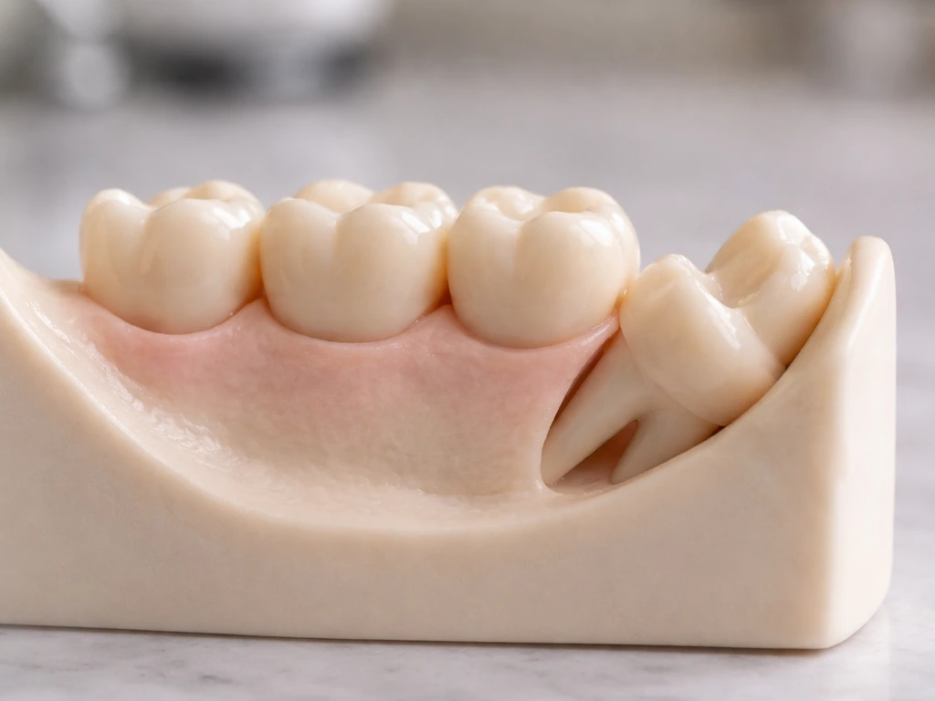 Close-up of dental anatomy model showing a back jaw with limited space and an angled wisdom tooth impaction.