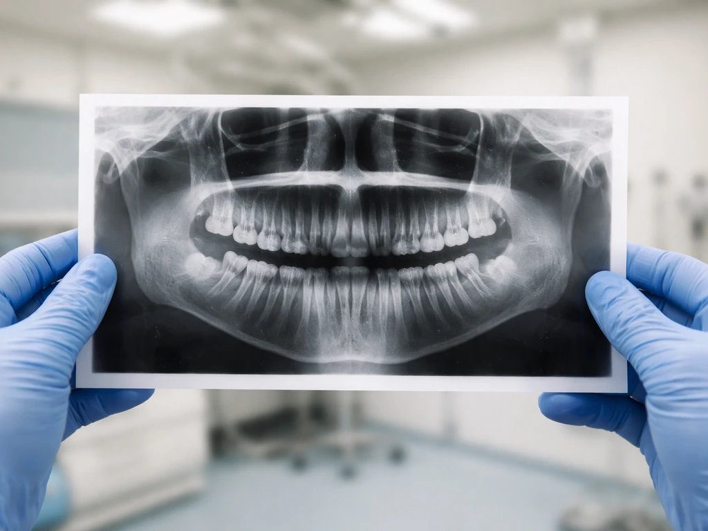 Gloved hands holding a panoramic dental X-ray, highlighting the wisdom tooth area.