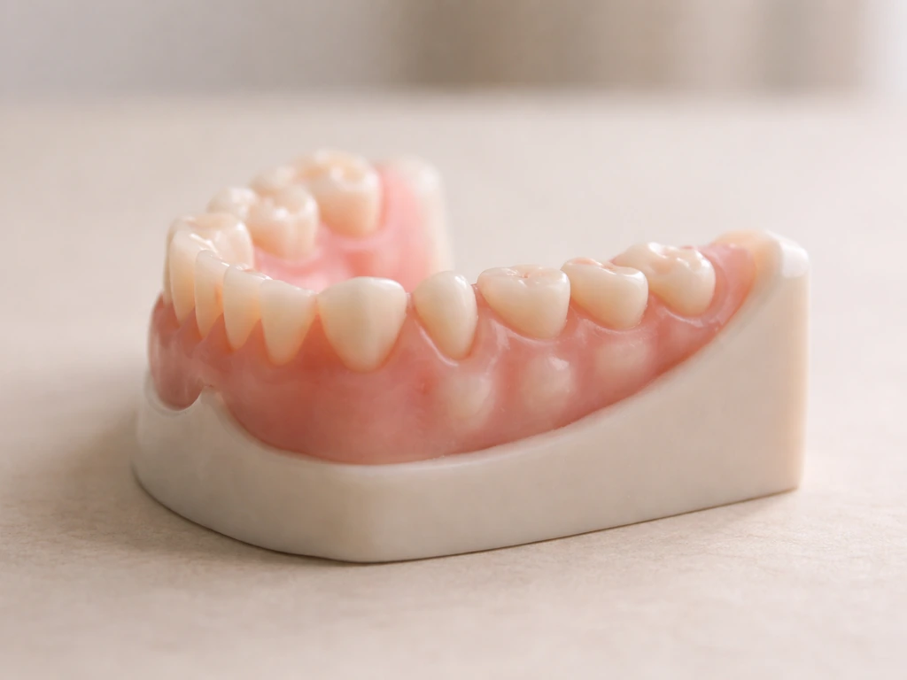 Close-up of a dental jaw model showing tooth buds beneath gums and one tooth erupting upward.