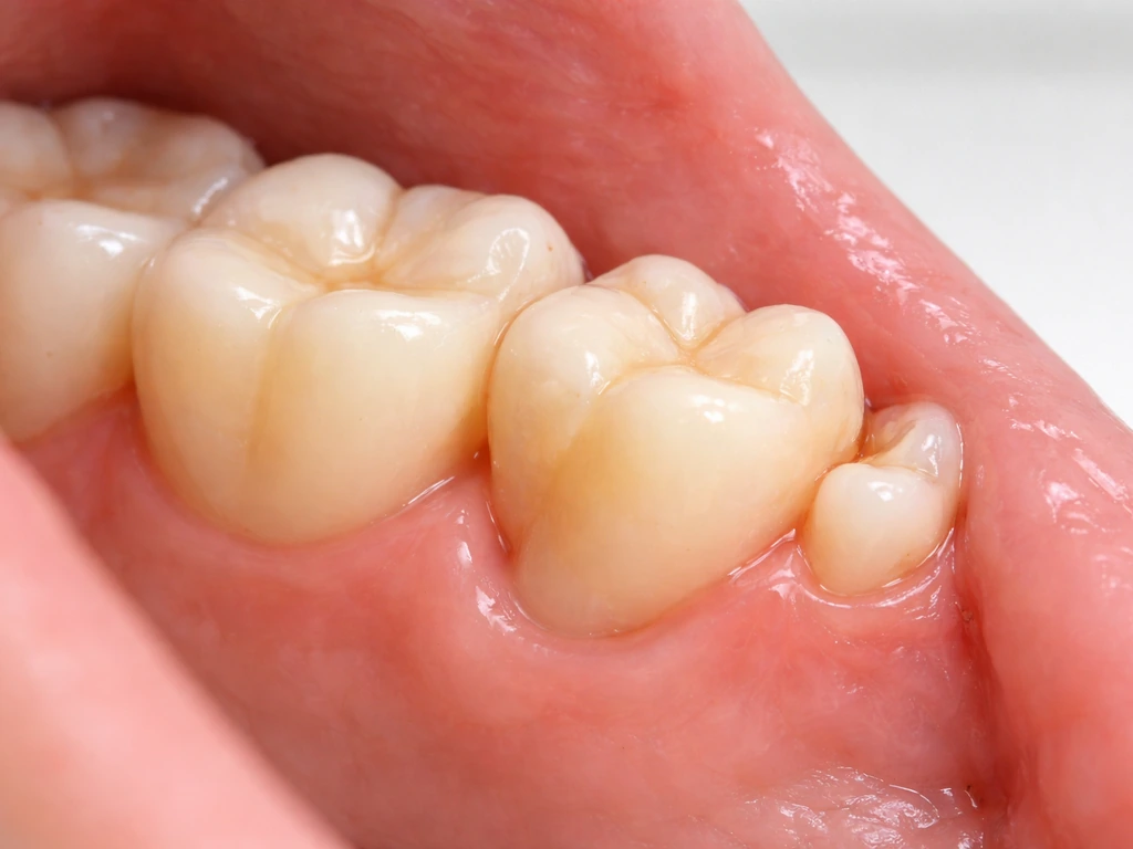 Close-up of a dental model showing a tooth behind or under another, suggesting crowding and eruption issues.
