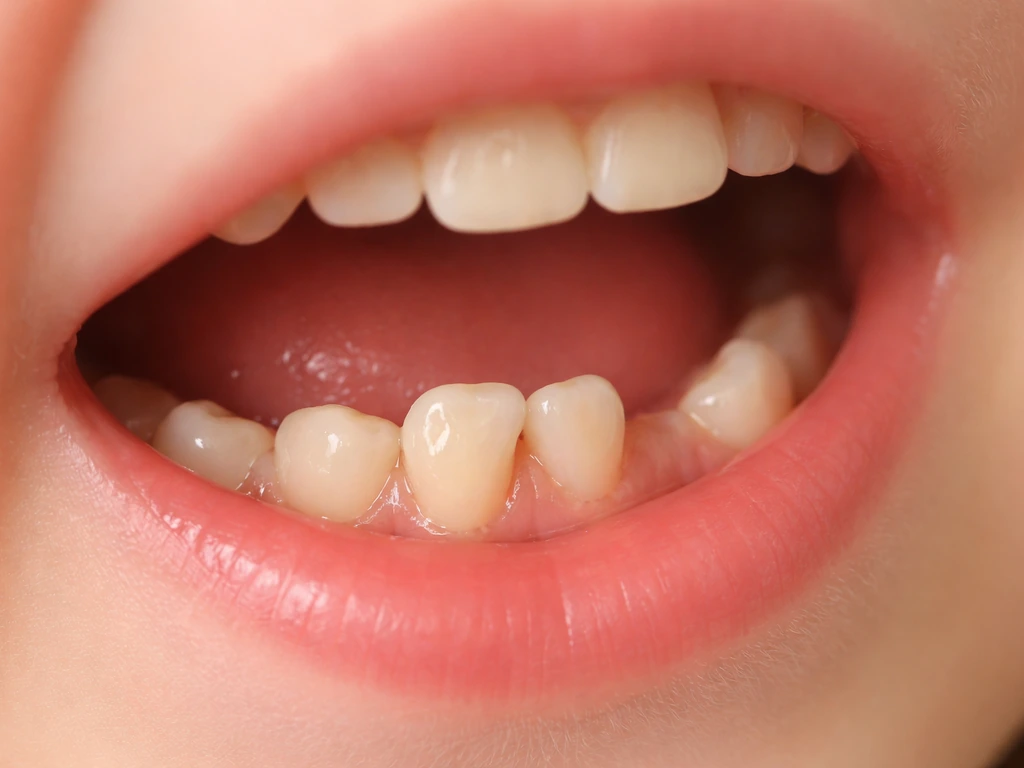 Child’s lower front teeth showing a permanent incisor coming in behind a loose retained baby tooth.