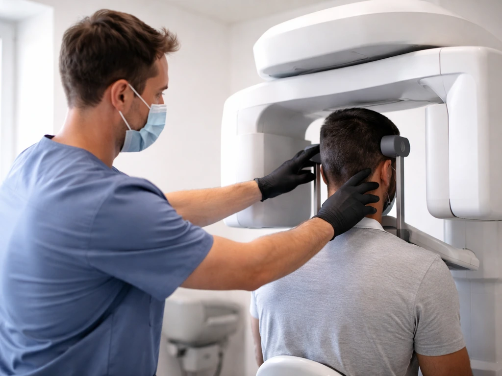 Dentist guiding a patient’s head during a panoramic dental X-ray scan in a bright clinic room.