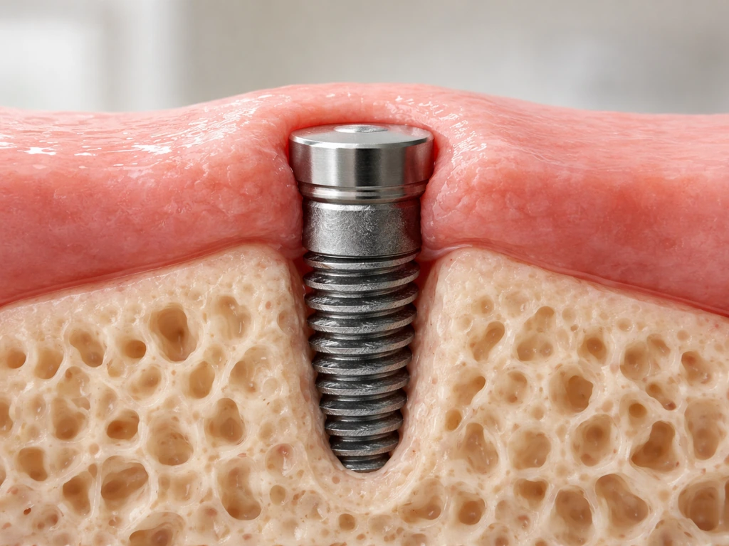 Photorealistic cross-section of a two-stage dental implant showing gum tissue adapting over a cover screw.