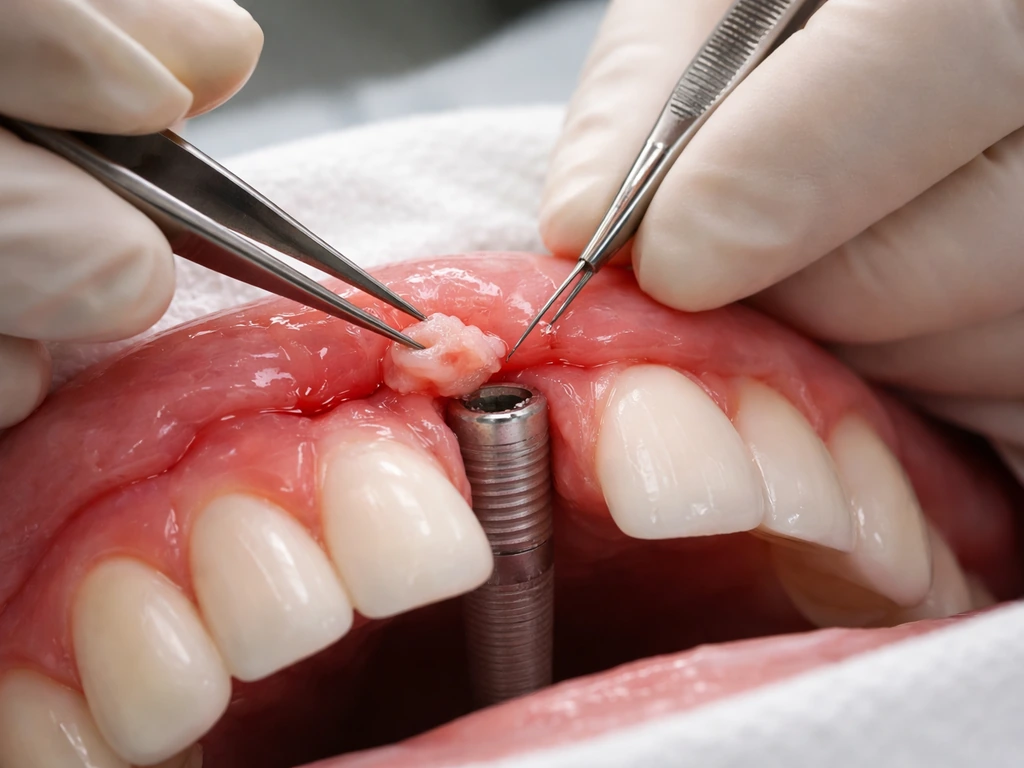 Dental clinician performing a connective tissue graft under gum around an implant site, close-up in a clean dental setti