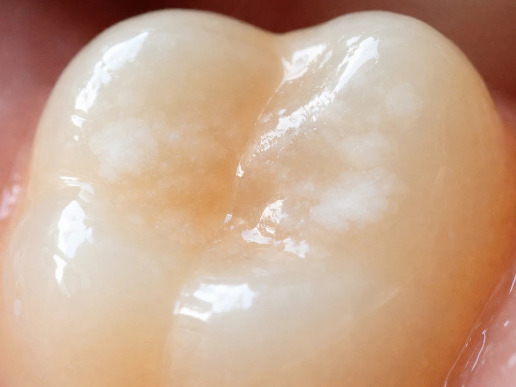 Macro close-up of a tooth surface with faint white spots and subtle enamel opacity changes.