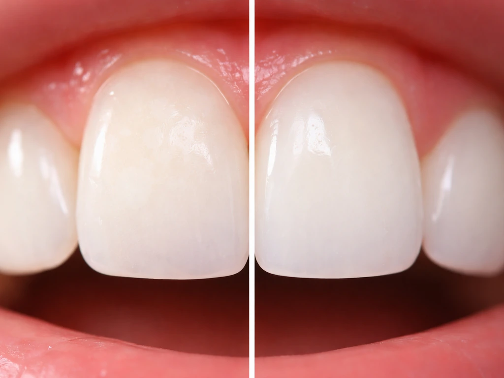 Close-up of two adjacent teeth: one with faint early white enamel spot changes and one healthy, side-by-side.