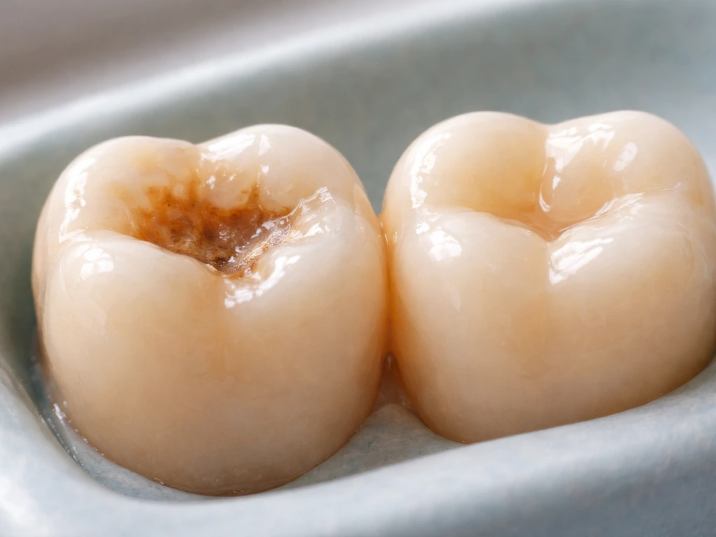 Close-up dental photo of a tooth with a small broken enamel cavity beside an intact tooth surface.