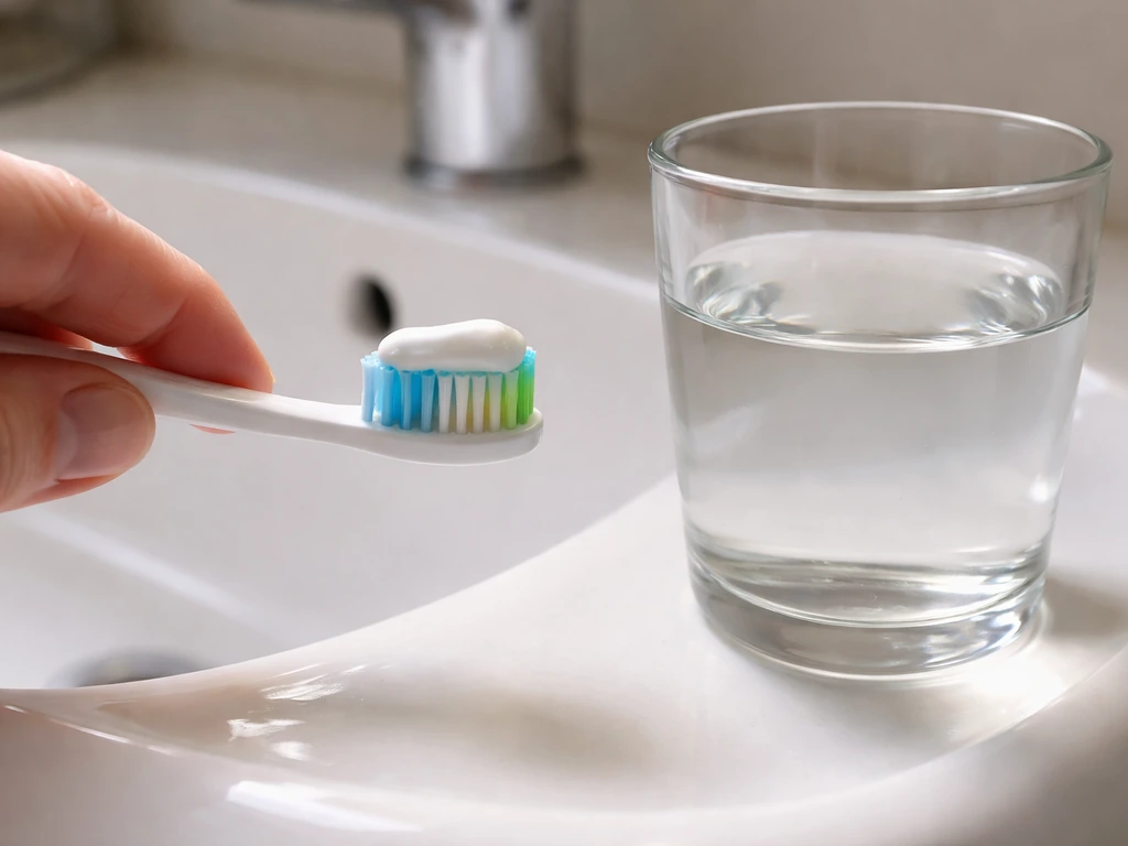 Close-up of toothbrushing with fluoride toothpaste and a nearby cup of water in a simple bathroom setting.
