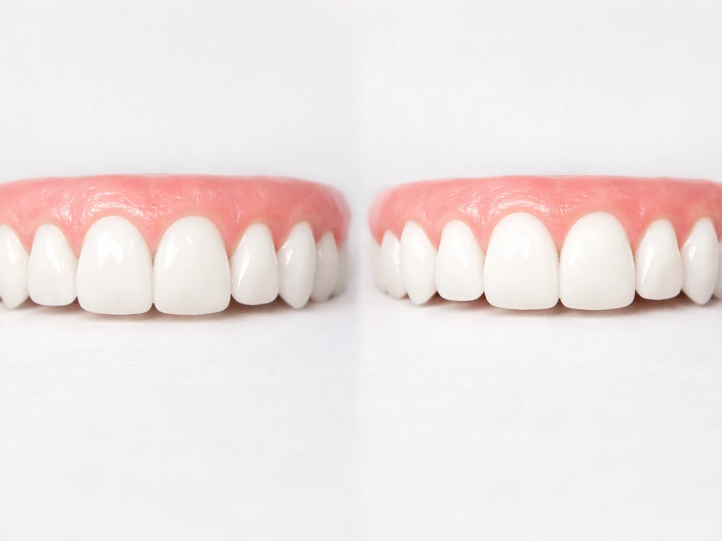 Close-up of anonymous tooth silhouettes showing same crown size with a receded gumline on one side.