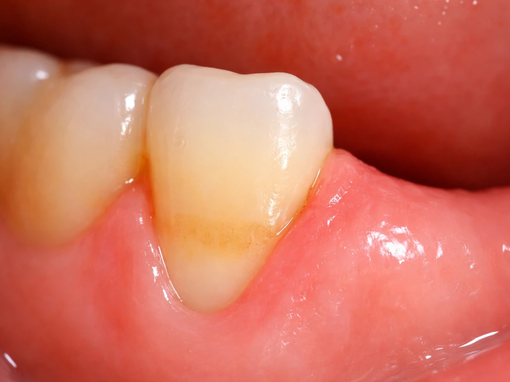 Close-up of receded gums showing exposed tooth root, making the tooth look longer