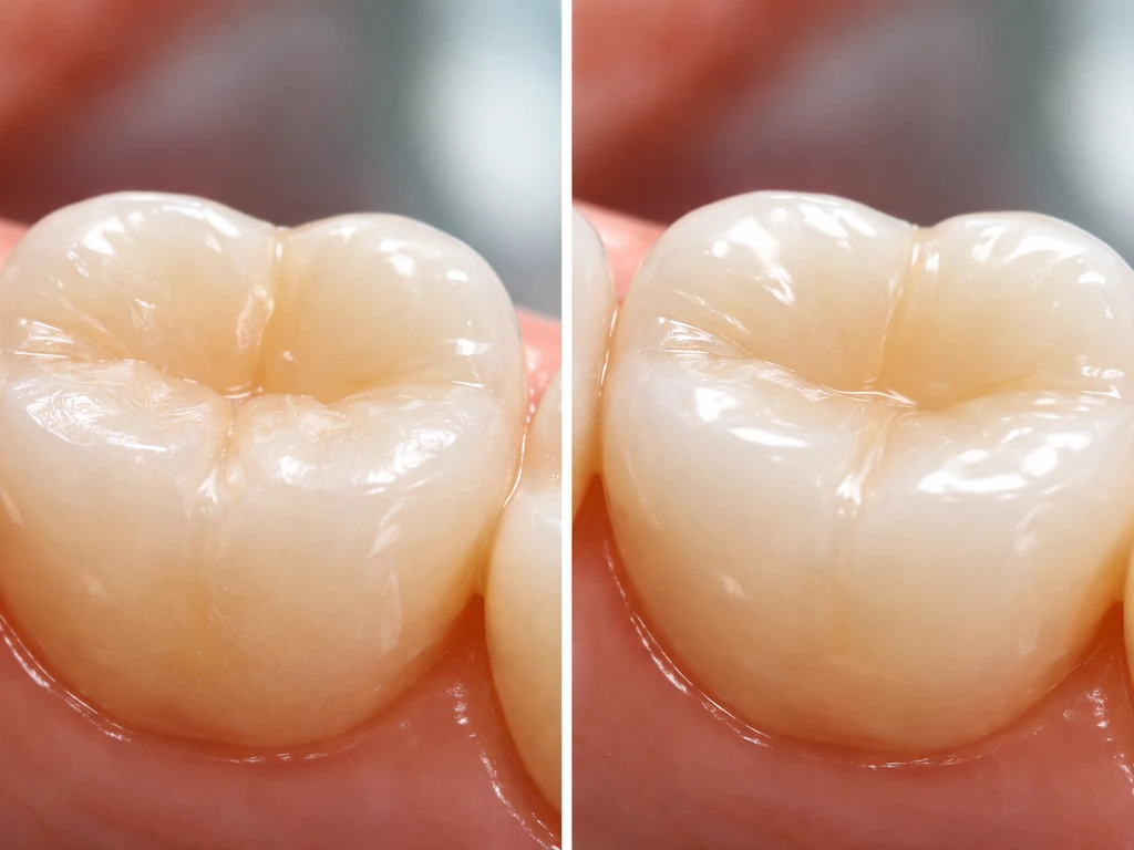 Side-by-side macro closeups of a tooth: one worn/eroded biting surface versus a smoother enamel surface.