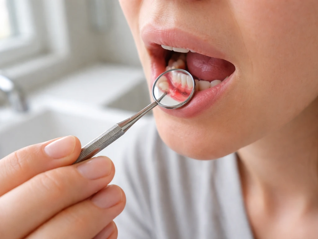 Person using a mirror under bright bathroom light, checking gumline and noticing slight redness