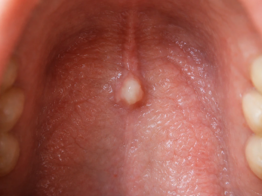 Close-up view of the upper palate with a small midline tooth-like bump in focus.