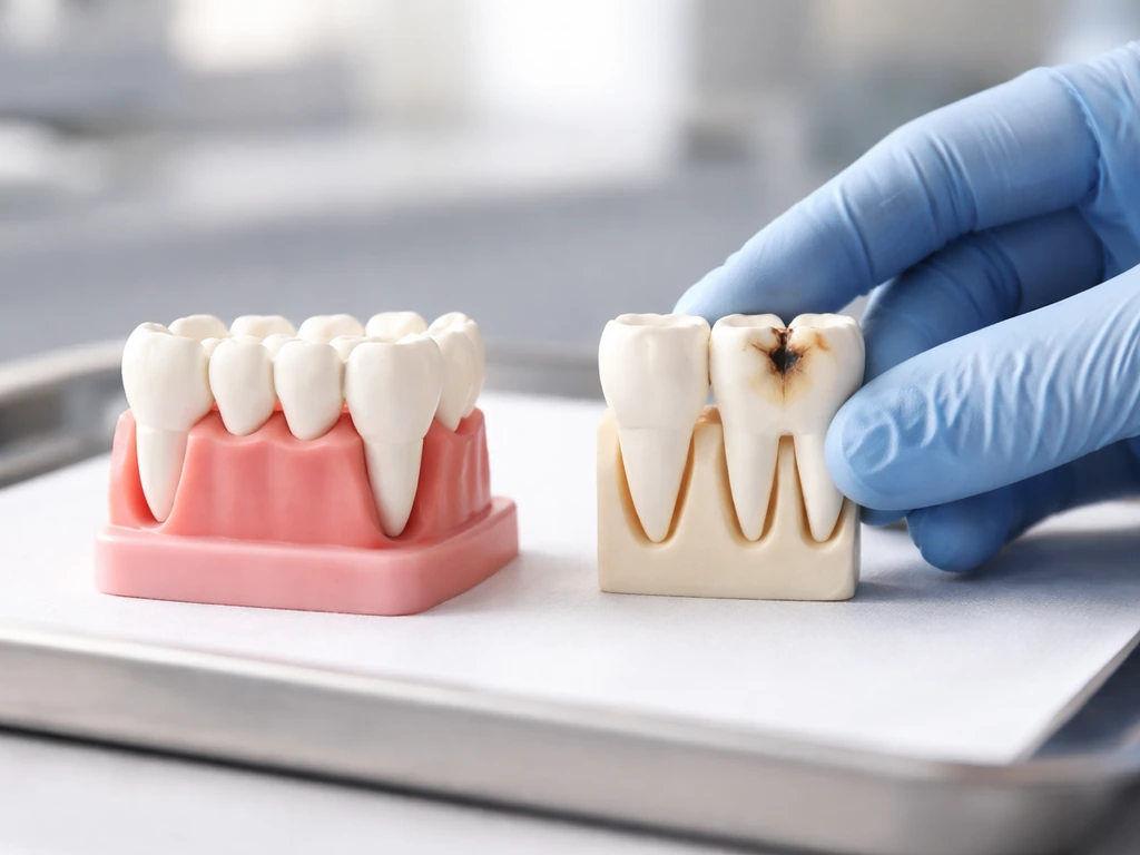 Minimal photo of a dentist’s hand-held dental model beside an open mouth mold, showing tooth anatomy and enamel loss.