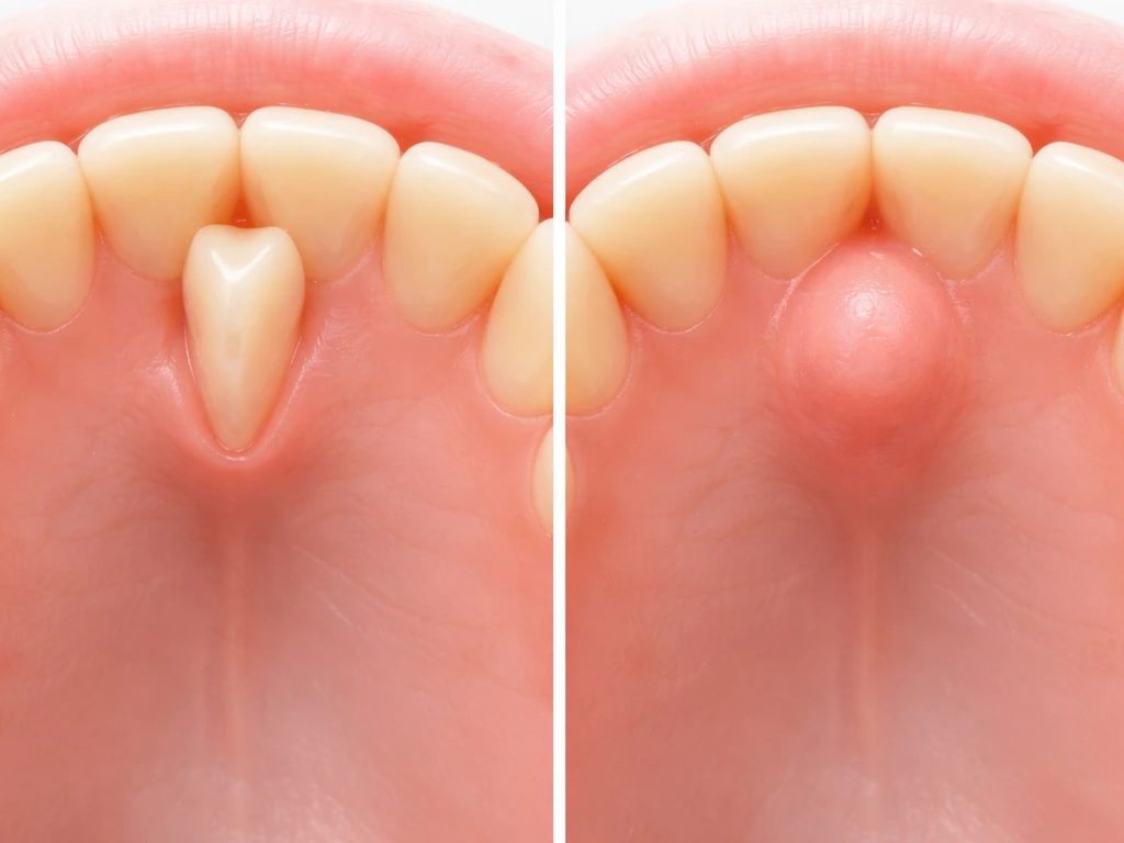 Side-by-side dental close-up: extra tooth-like structure vs non-tooth roof-of-mouth bump.