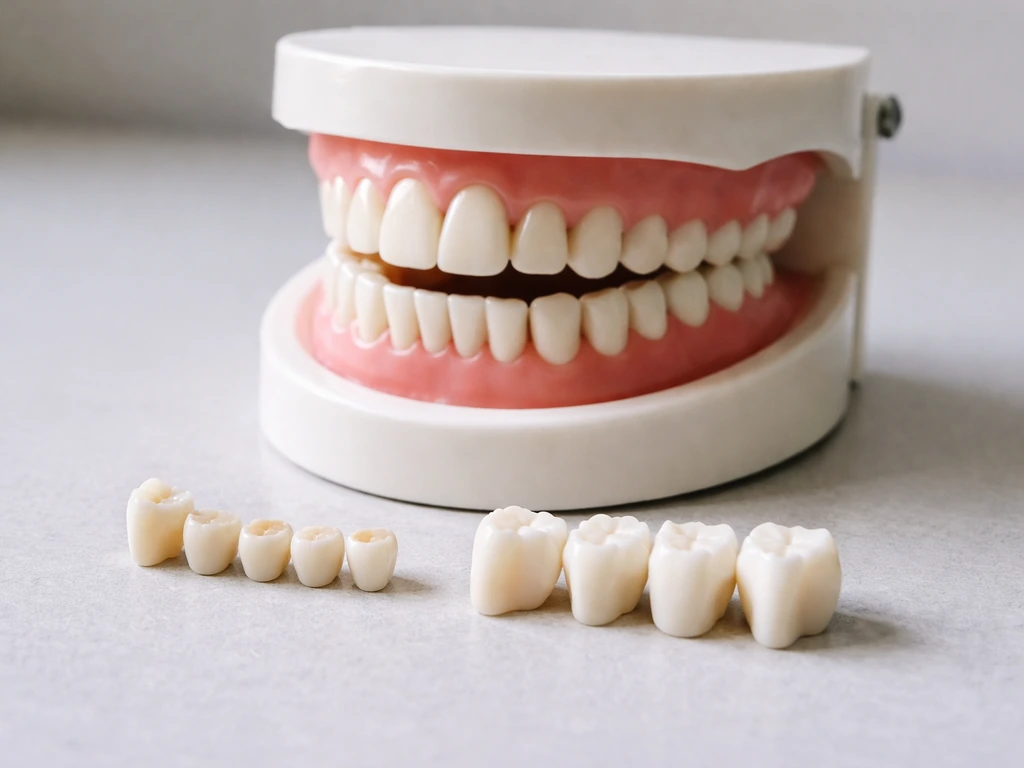 Minimal photo of a child’s mouth model with small teeth arranged to show eruption and replacement