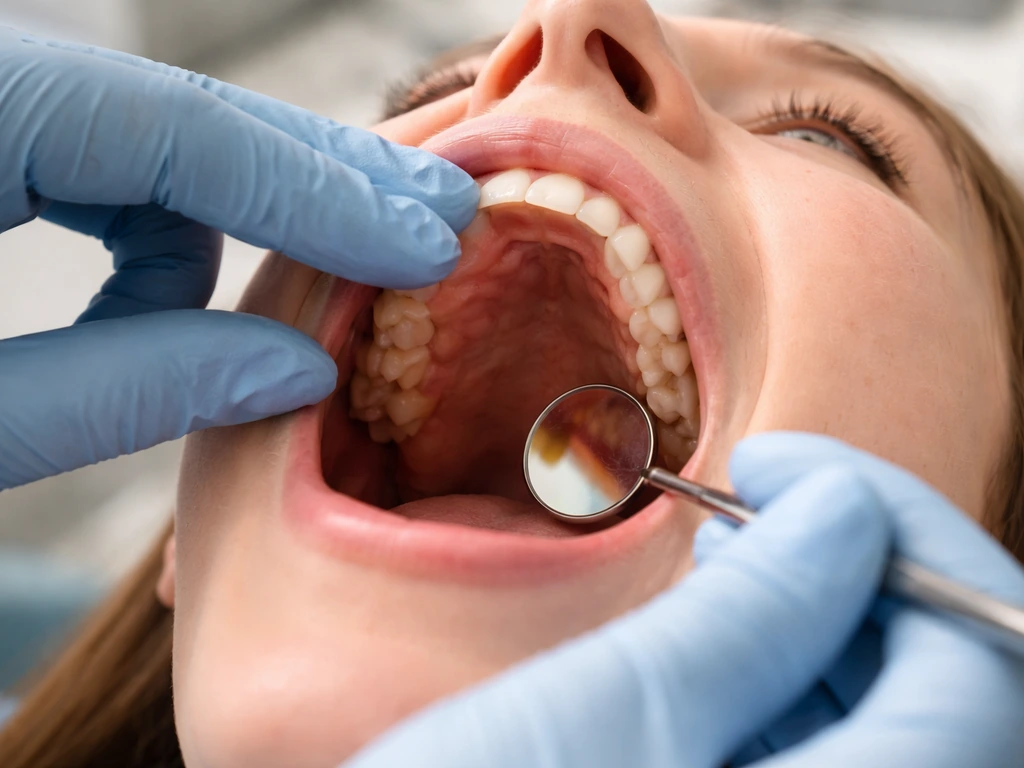 Anonymous dentist’s gloved hands palpate an upper palatal bump during an intraoral exam in a clinic.