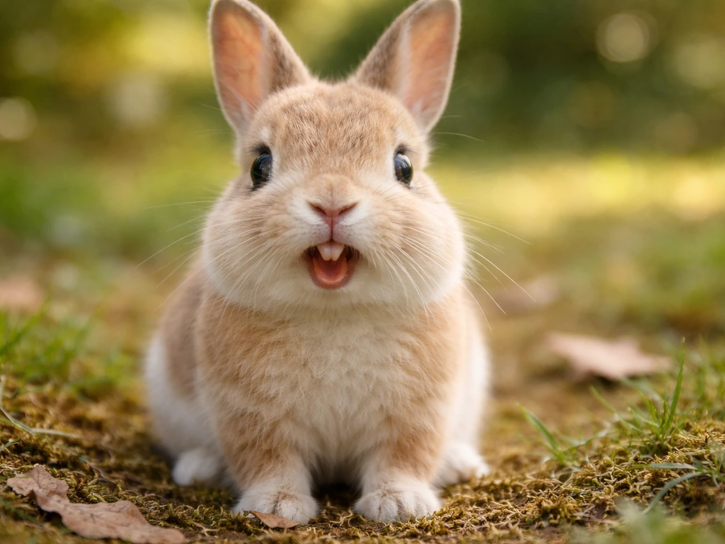 A close-up of a rabbit with prominent front incisors in soft natural light