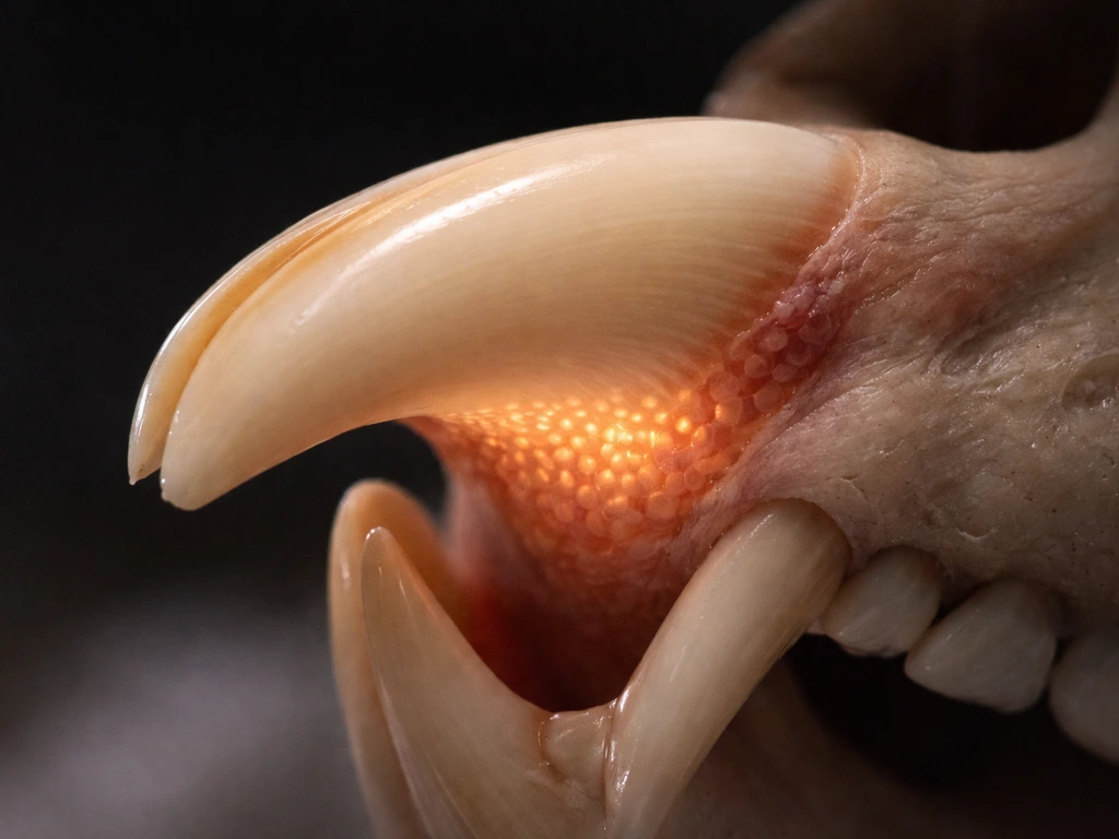 Macro close-up of a rodent incisor with a highlighted cell-like growth zone near the tooth base.