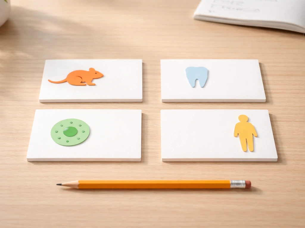 Minimal desk scene with four small labeled cards representing different animal groups and teeth traits, no readable text