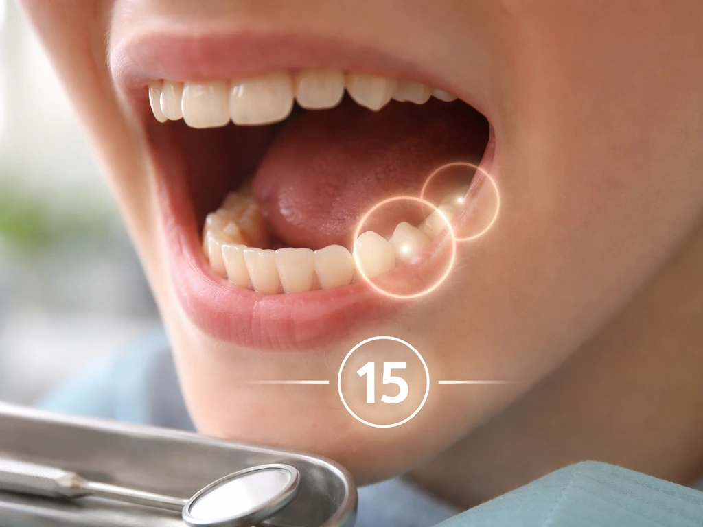 Anonymous jaw/teeth concept in a clinic with an age-15 highlight for eruption and wisdom timing.