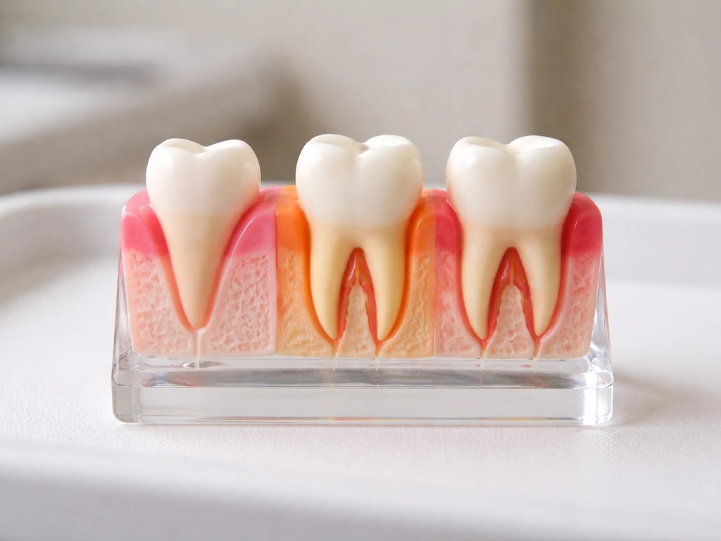 Close-up view of a dental model showing tooth eruption, root development, and gentle tooth movement.