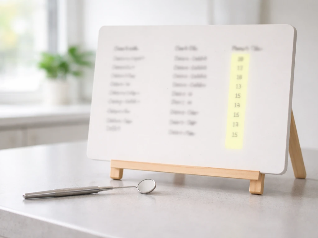 Dentist office whiteboard with blurred tooth timing columns and one highlighted column suggesting possibility at 15.