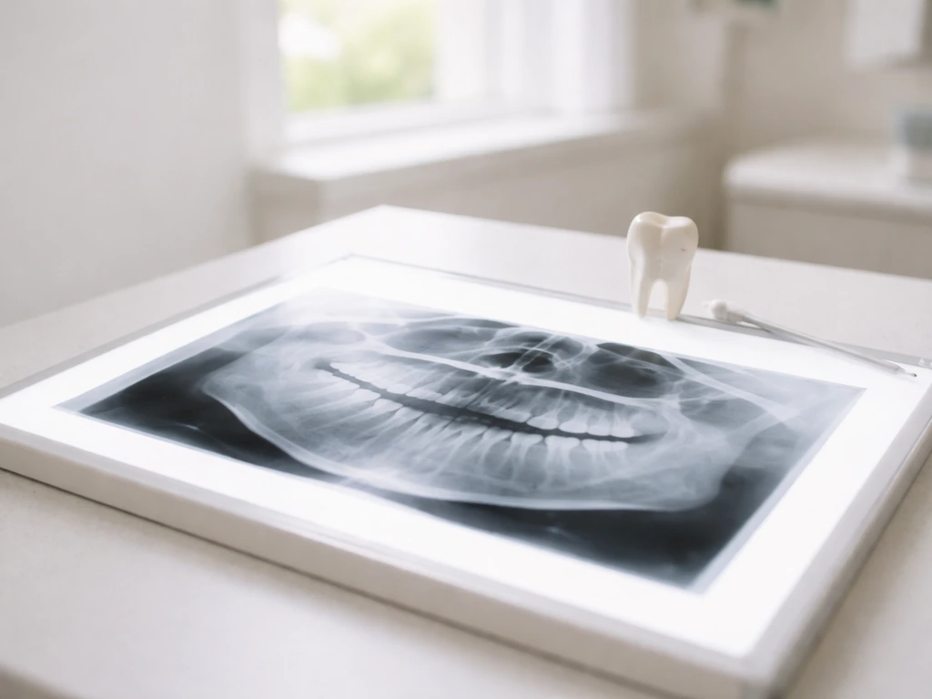 Dental clinic close-up of an orthodontic X-ray film on a lightbox with a small tooth model nearby