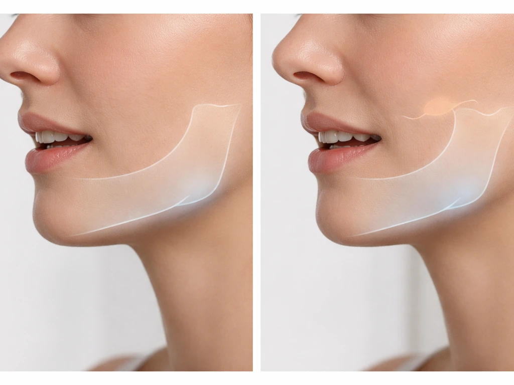 Minimal side-by-side photo of adult jawline showing mandible and maxilla areas with subtle, non-text callouts.