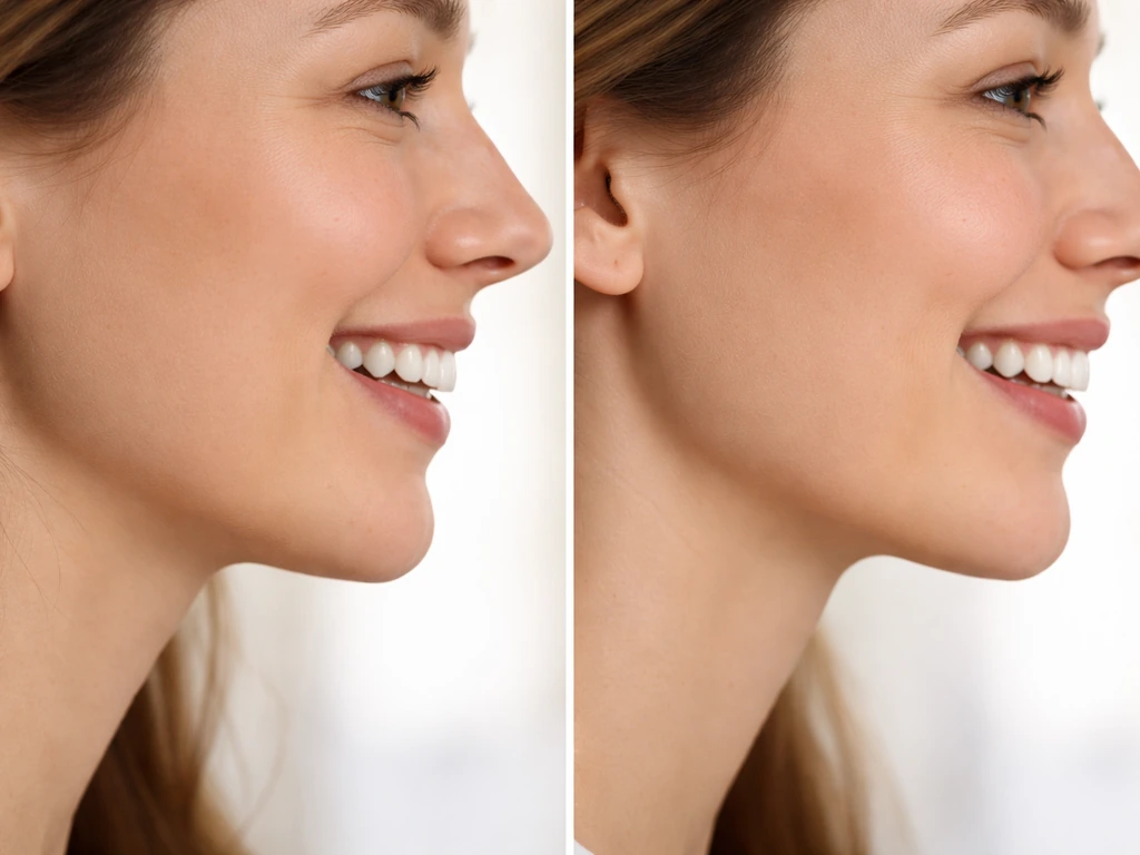 Close-up side view of a relaxed smile showing crowded vs aligned teeth with subtle neck posture cues.