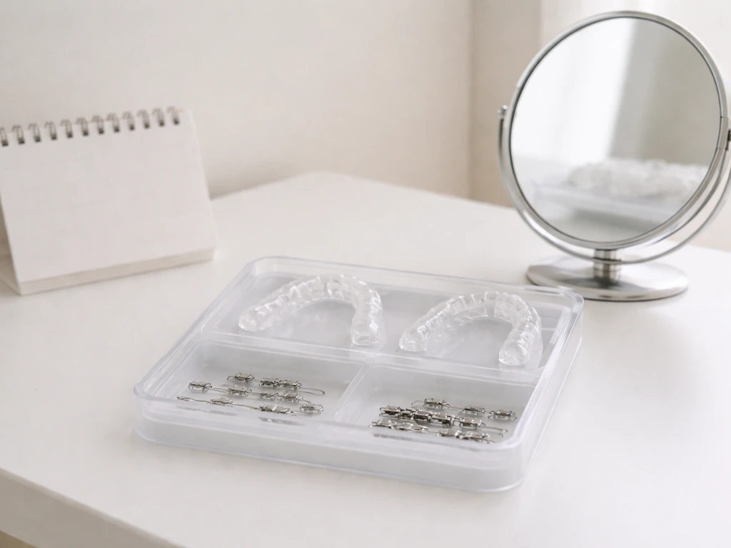 Minimal office desk with braces and clear aligner trays beside a mirror, suggesting adult orthodontic treatment in your
