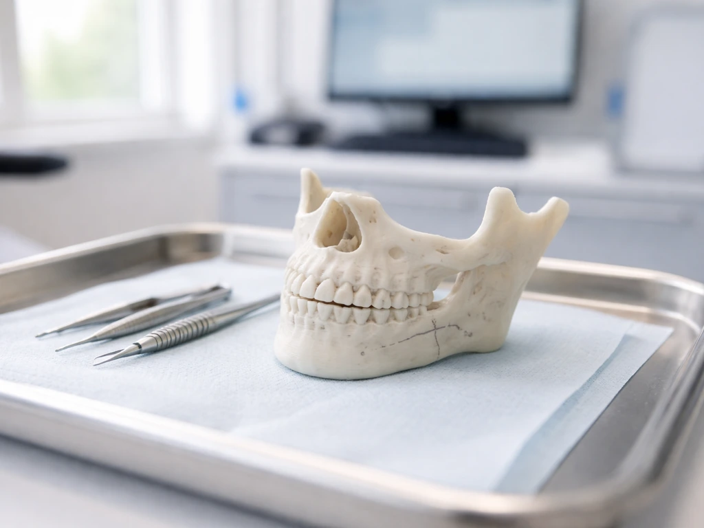 Dental surgeon workspace with a 3D jaw model on a tray under natural light