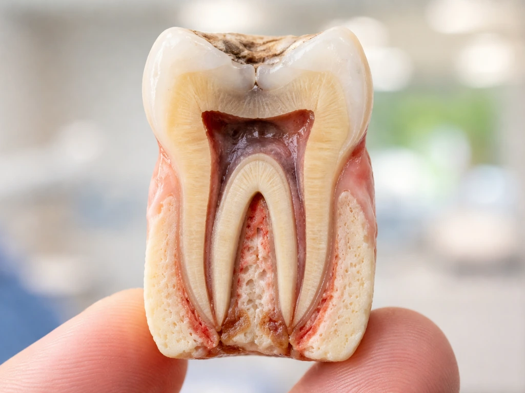 Close-up cross-section of a tooth root canal with surrounding healing tissue, showing roots don’t regrow.